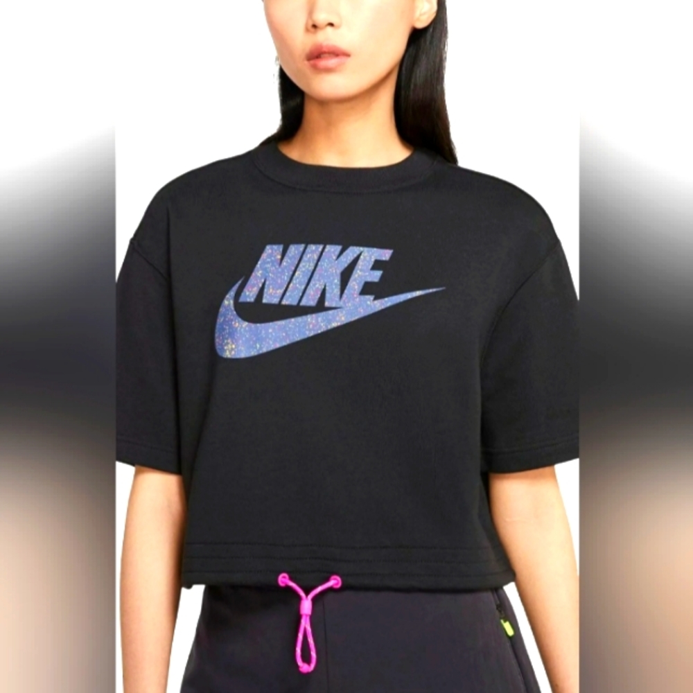 Women's Nike Galaxy Crop shirt black, purple space, pink drawstring. FREE gift